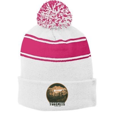 Retro Yosemite Halfdome Women National Park Stripe Pom Pom Beanie