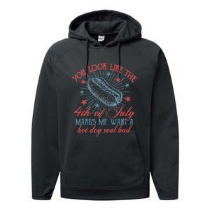 Retro You Look Like The 4th Of July Makes Me Want A Hot Dog Performance Fleece Hoodie