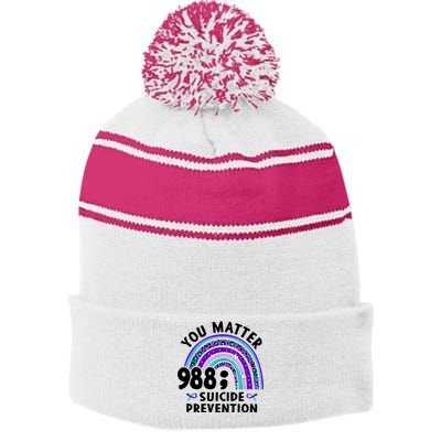 Rainbow You Matter 988 Suicide Prevention Awareness Ribbon Stripe Pom Pom Beanie