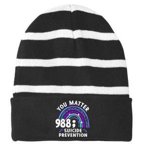 Rainbow You Matter 988 Suicide Prevention Awareness Ribbon Striped Beanie with Solid Band