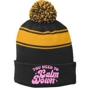 Retro You Need To Calm Down Stripe Pom Pom Beanie