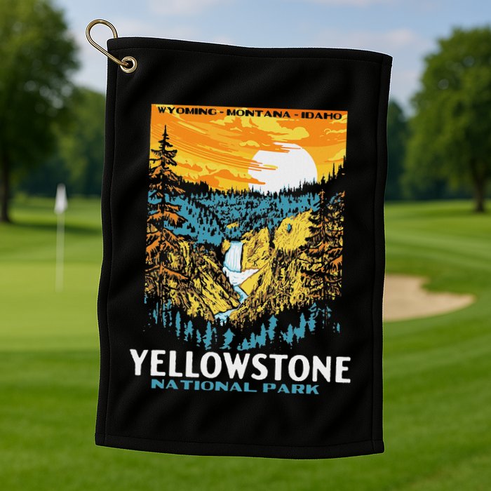 Retro Yellowstone National Park Wpa Style Lower Falls Golf Towel