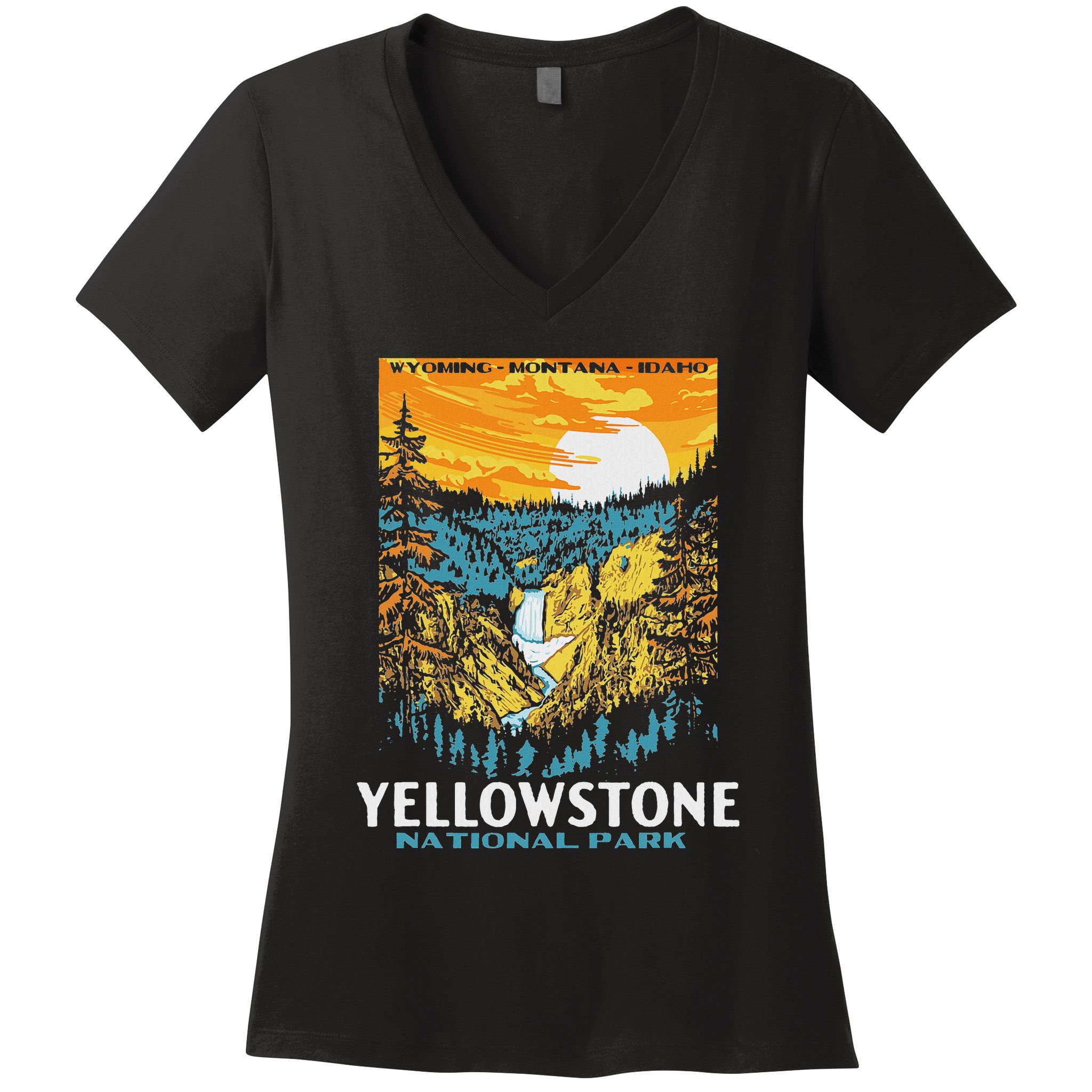 Retro Yellowstone National Park Wpa Style Lower Falls Women's V-Neck T-Shirt