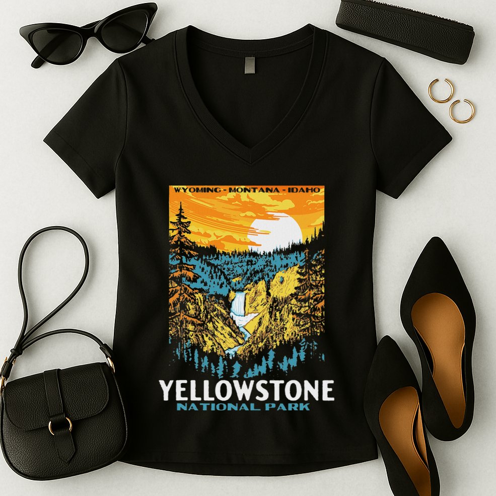 Retro Yellowstone National Park Wpa Style Lower Falls Women's V-Neck T-Shirt