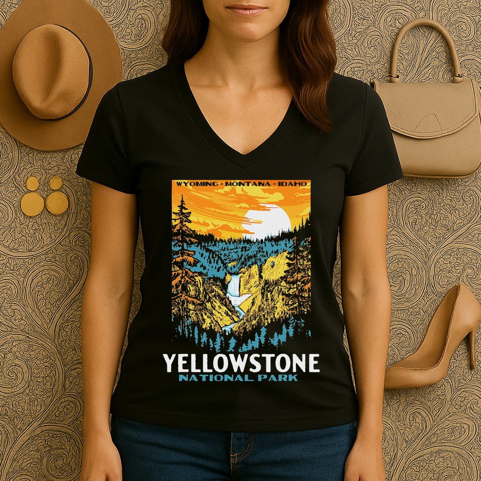 Retro Yellowstone National Park Wpa Style Lower Falls Women's V-Neck T-Shirt