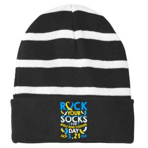 Rock Your Socks Down Syndrome Day Awareness Striped Beanie with Solid Band