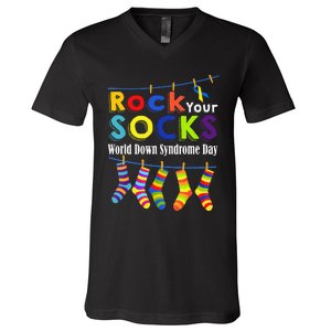 Rock Your Socks Cute 3 21 Trisomy 21 World Down Syndrome Day V-Neck T-Shirt