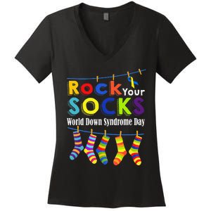 Rock Your Socks Cute 3 21 Trisomy 21 World Down Syndrome Day Women's V-Neck T-Shirt