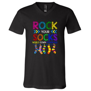 Rock Your Socks Awareness Gift Down Syndrome Day V-Neck T-Shirt