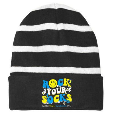 Rock Your Socks World Down Syndrome Awareness Day Striped Beanie with Solid Band