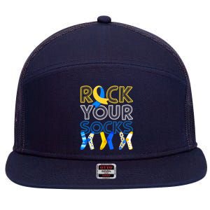 Rock Your Socks Down Syndrome Awareness 7 Panel Mesh Trucker Snapback Hat