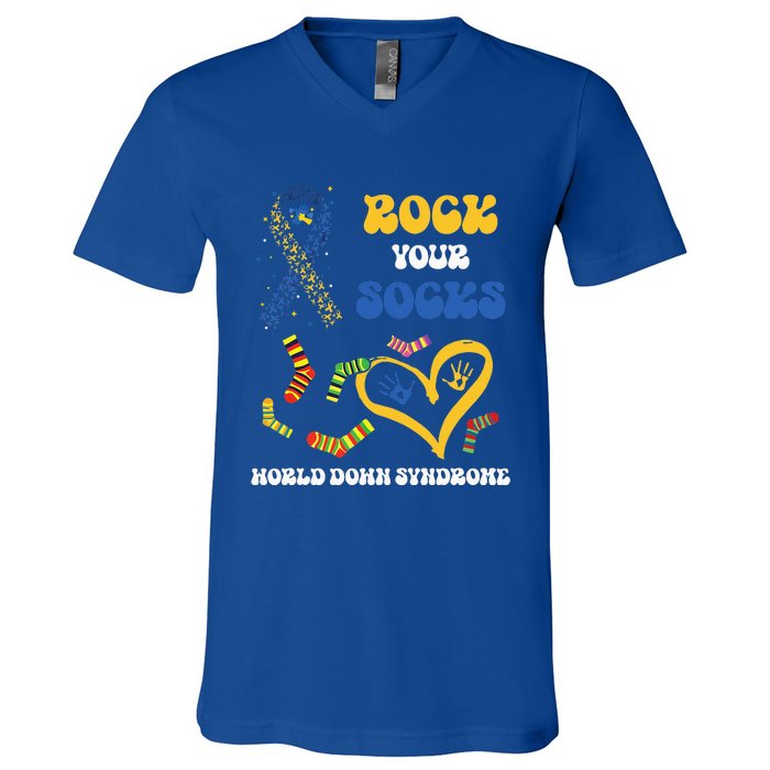 Rock Your Socks T21 Man Down Syndrome Awareness V-Neck T-Shirt