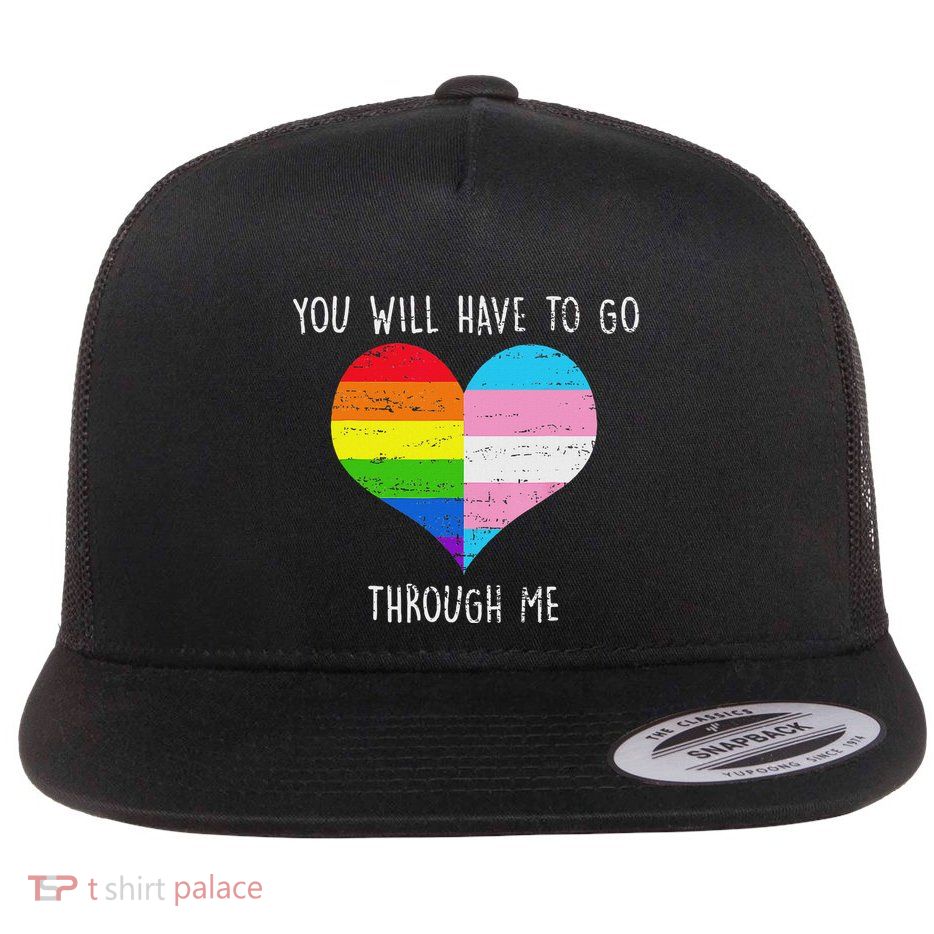 Retro You Will Have To Go Through Me Lgbtq Flat Bill Trucker Hat