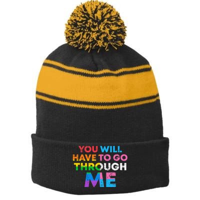 Retro You Will Have To Go Through Me Lgbtq Stripe Pom Pom Beanie