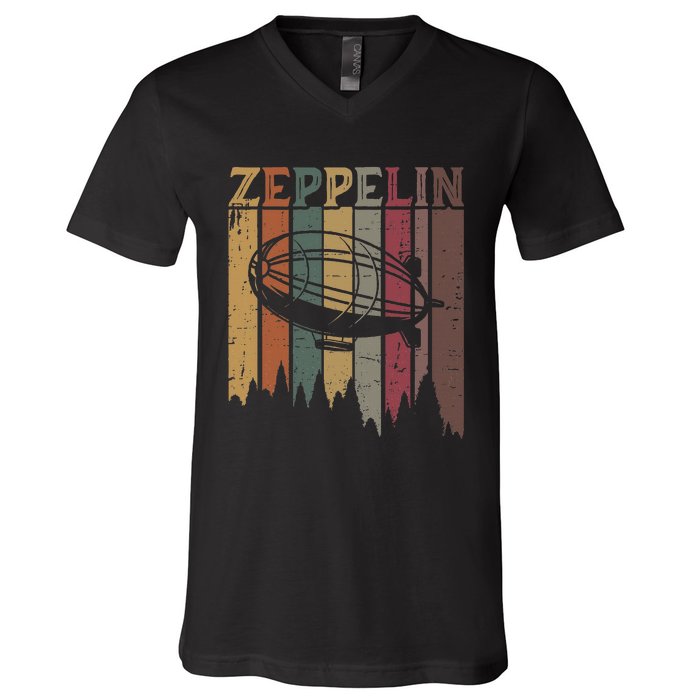 Retro Zeppelin 70s 80s Dirigible Airship Zepelin Zepplin V-Neck T-Shirt