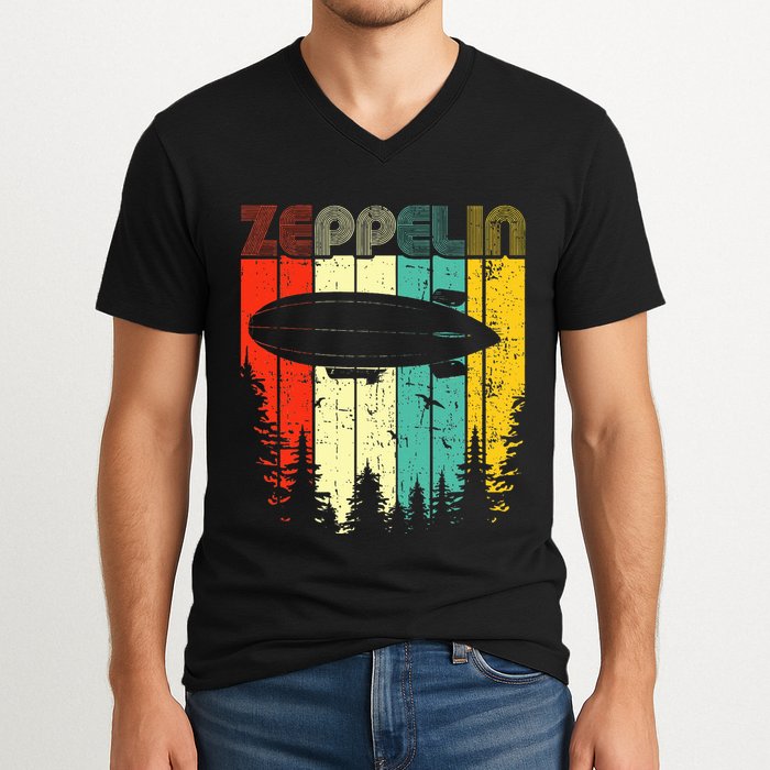Retro Zeppelin 70s 80s Dirigible Airship Zepelin Zepplin V-Neck T-Shirt