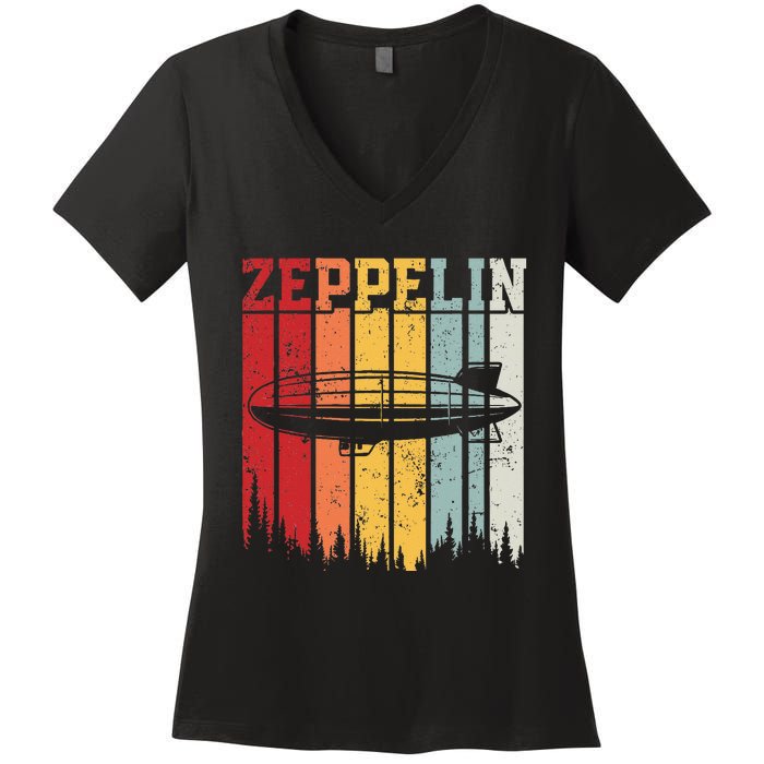 Retro Zeppelin 70s 80s Dirigible Airship Zepelin Zepplin Women's V-Neck T-Shirt