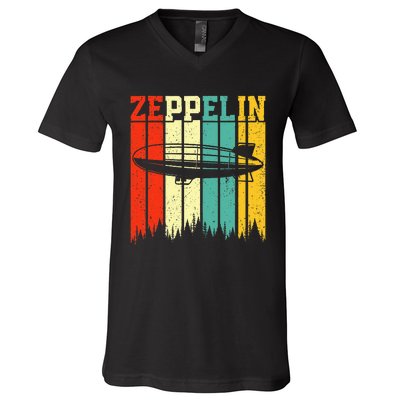 Retro Zeppelin 70s 80s Dirigible Airship Zepelin Zepplin V-Neck T-Shirt