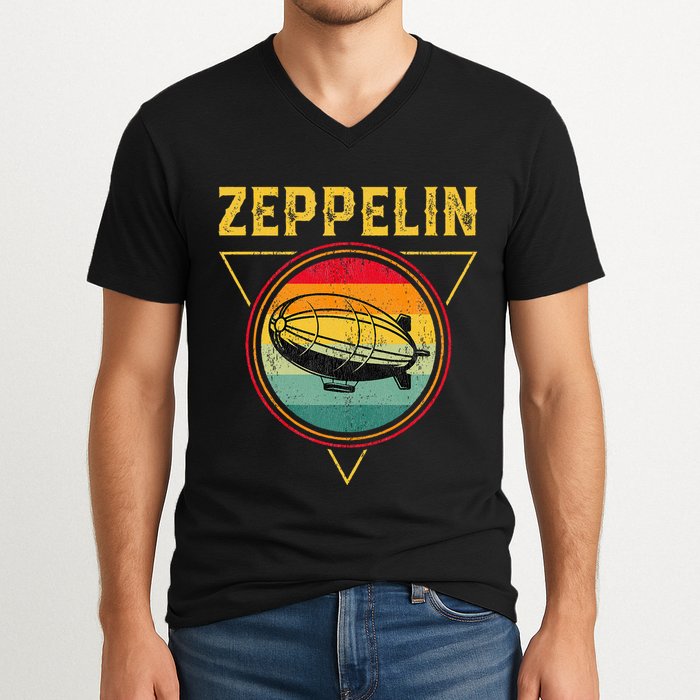 Retro Zeppelin Funny Dirigible Blimp Airship 70s 80s V-Neck T-Shirt
