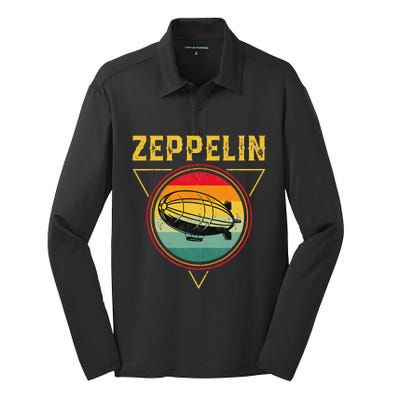 Retro Zeppelin Funny Dirigible Blimp Airship 70s 80s Silk Touch Performance Long Sleeve Polo