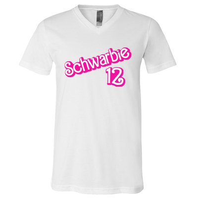 Schwarbie 12 Pink V-Neck T-Shirt