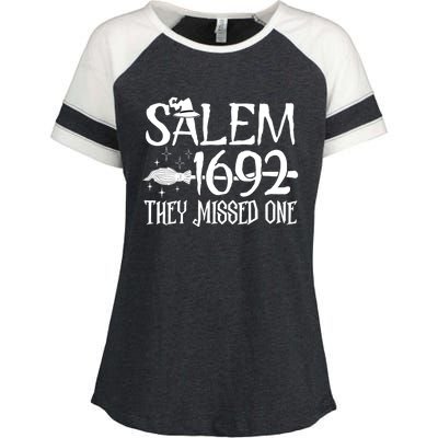 Salem 1692 They Missed One Witch Halloween Enza Ladies Jersey Colorblock Tee