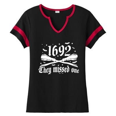 Salem 1692 They Missed One Salem Witch 1692 Halloween Funny Gift Ladies Halftime Notch Neck Tee