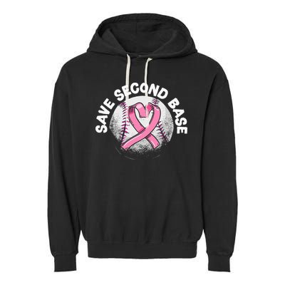 Save 2nd Base Baseball Player Breast Cancer Awareness Garment-Dyed Fleece Hoodie
