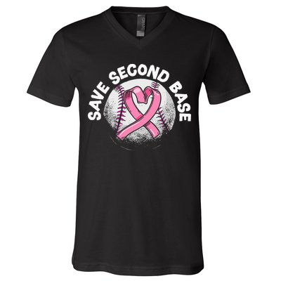 Save 2nd Base Baseball Player Breast Cancer Awareness V-Neck T-Shirt