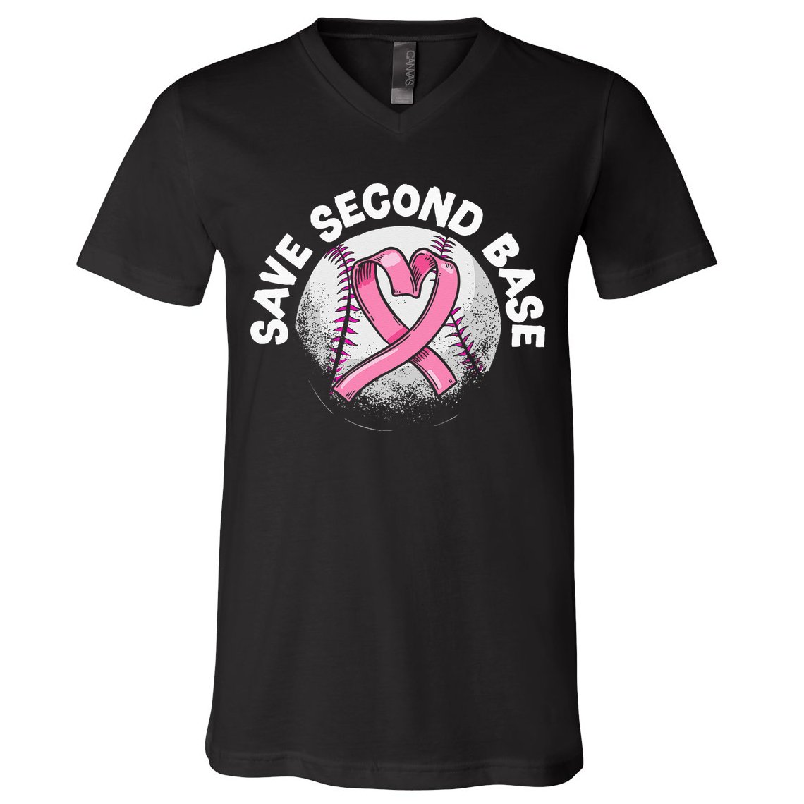 Save 2nd Base Baseball Player Breast Cancer Awareness V-Neck T-Shirt