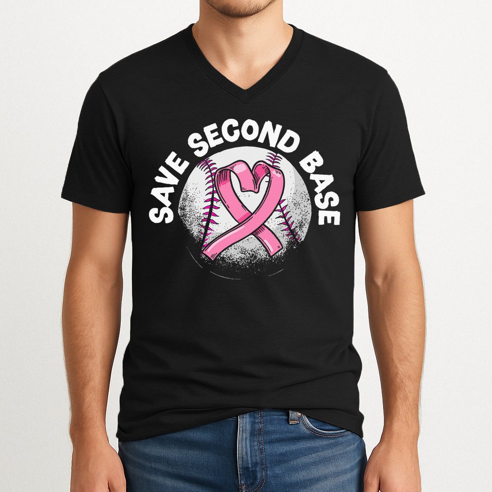 Save 2nd Base Baseball Player Breast Cancer Awareness V-Neck T-Shirt