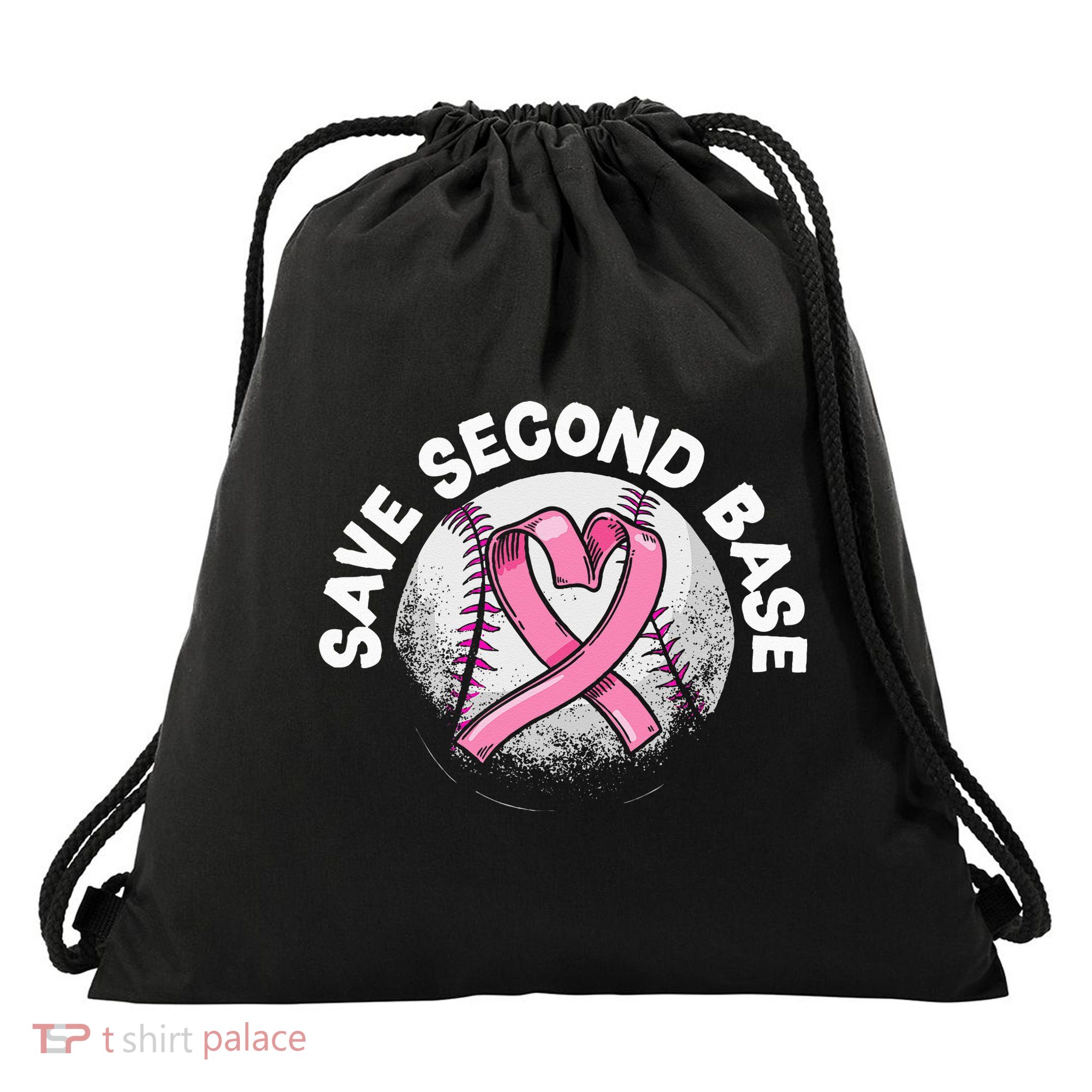 Save 2nd Base Baseball Player Breast Cancer Awareness Drawstring Bag