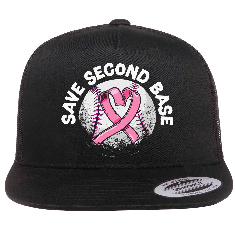 Save 2nd Base Baseball Player Breast Cancer Awareness Flat Bill Trucker Hat