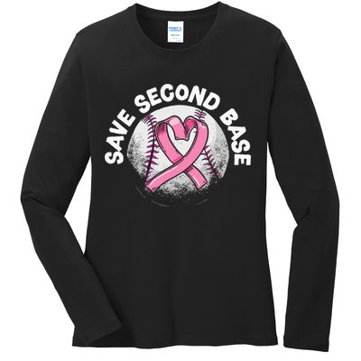 Save 2nd Base Baseball Player Breast Cancer Awareness Ladies Long Sleeve Shirt