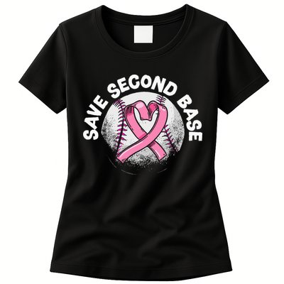Save 2nd Base Baseball Player Breast Cancer Awareness Womens T-Shirt
