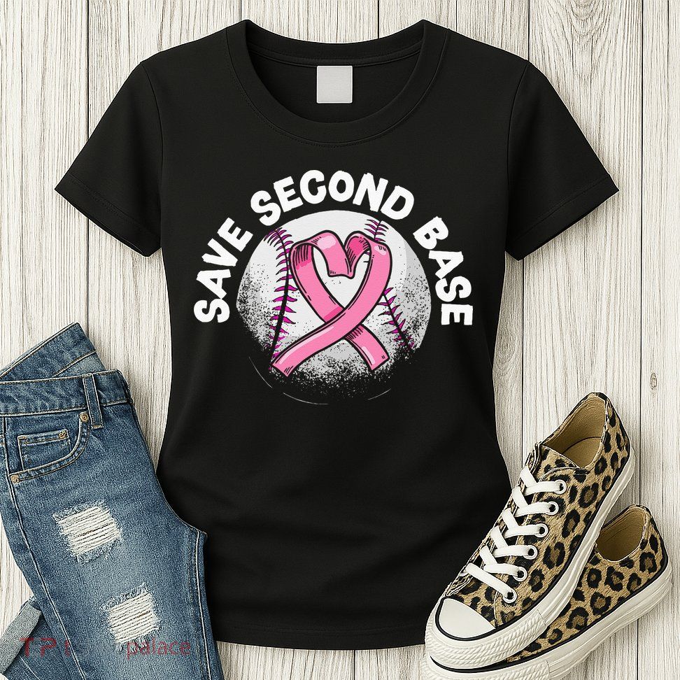 Save 2nd Base Baseball Player Breast Cancer Awareness Womens T-Shirt