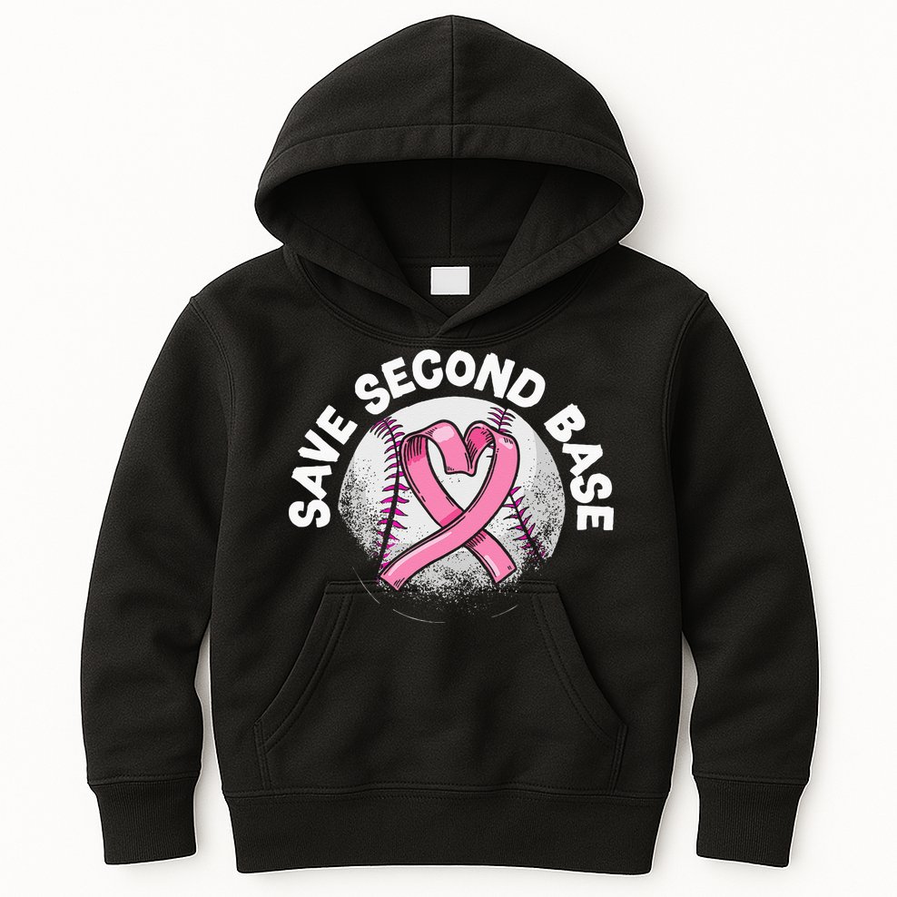 Save 2nd Base Baseball Player Breast Cancer Awareness Kids Hoodie