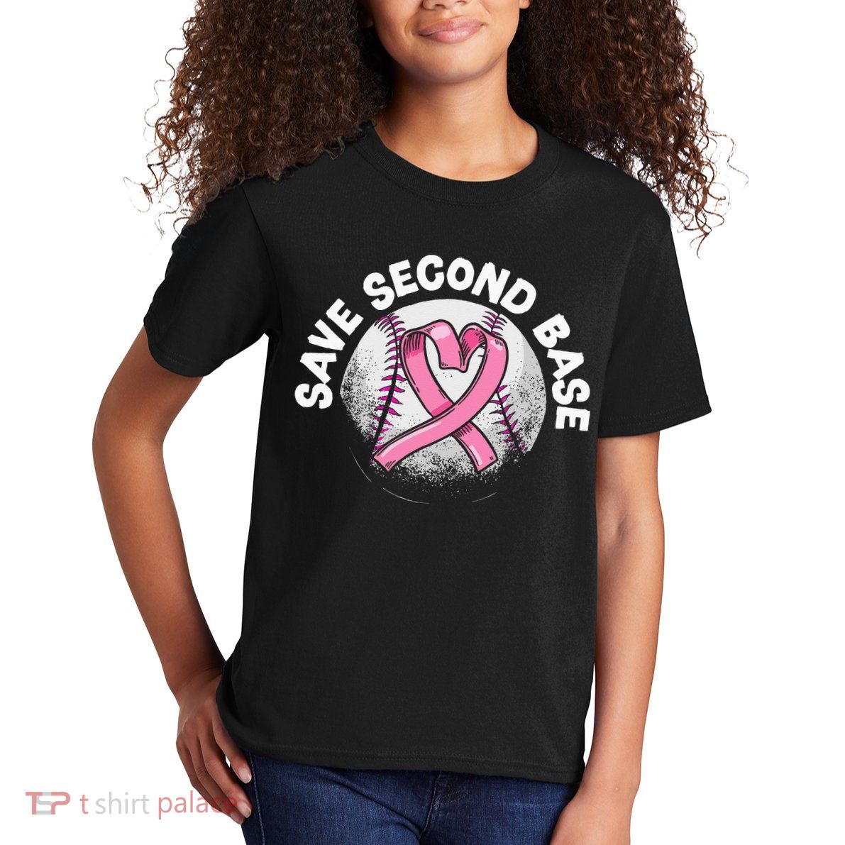 Save 2nd Base Baseball Player Breast Cancer Awareness Kids T-Shirt