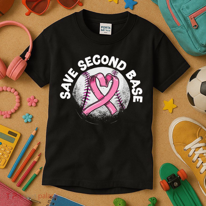 Save 2nd Base Baseball Player Breast Cancer Awareness Kids T-Shirt