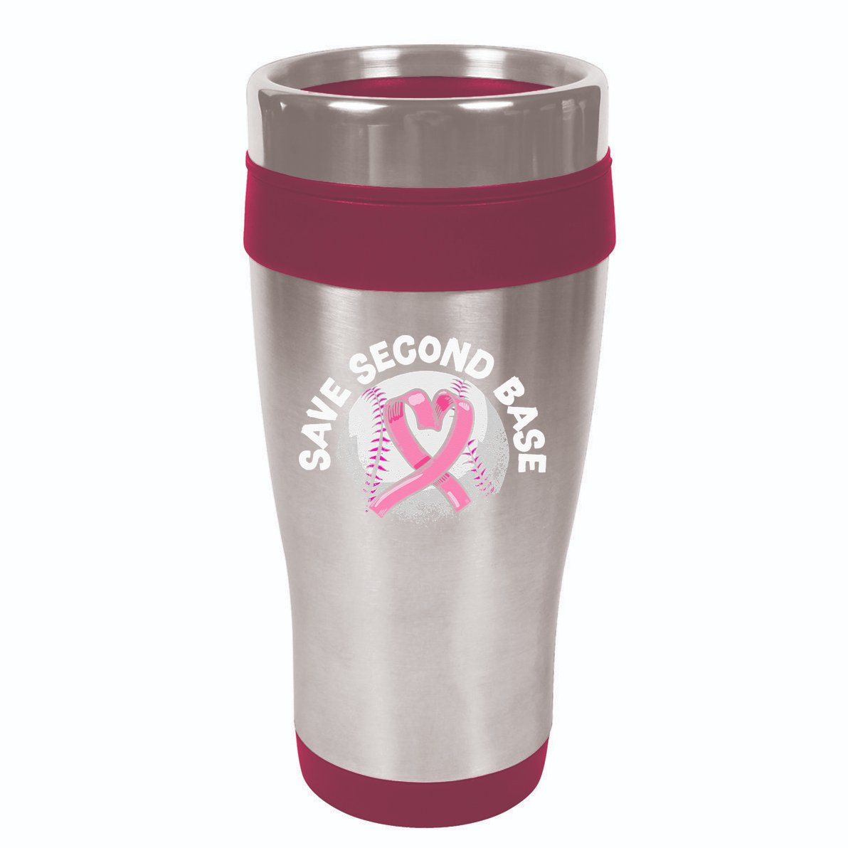 Save 2nd Base Baseball Player Breast Cancer Awareness 16oz Travel Tumbler