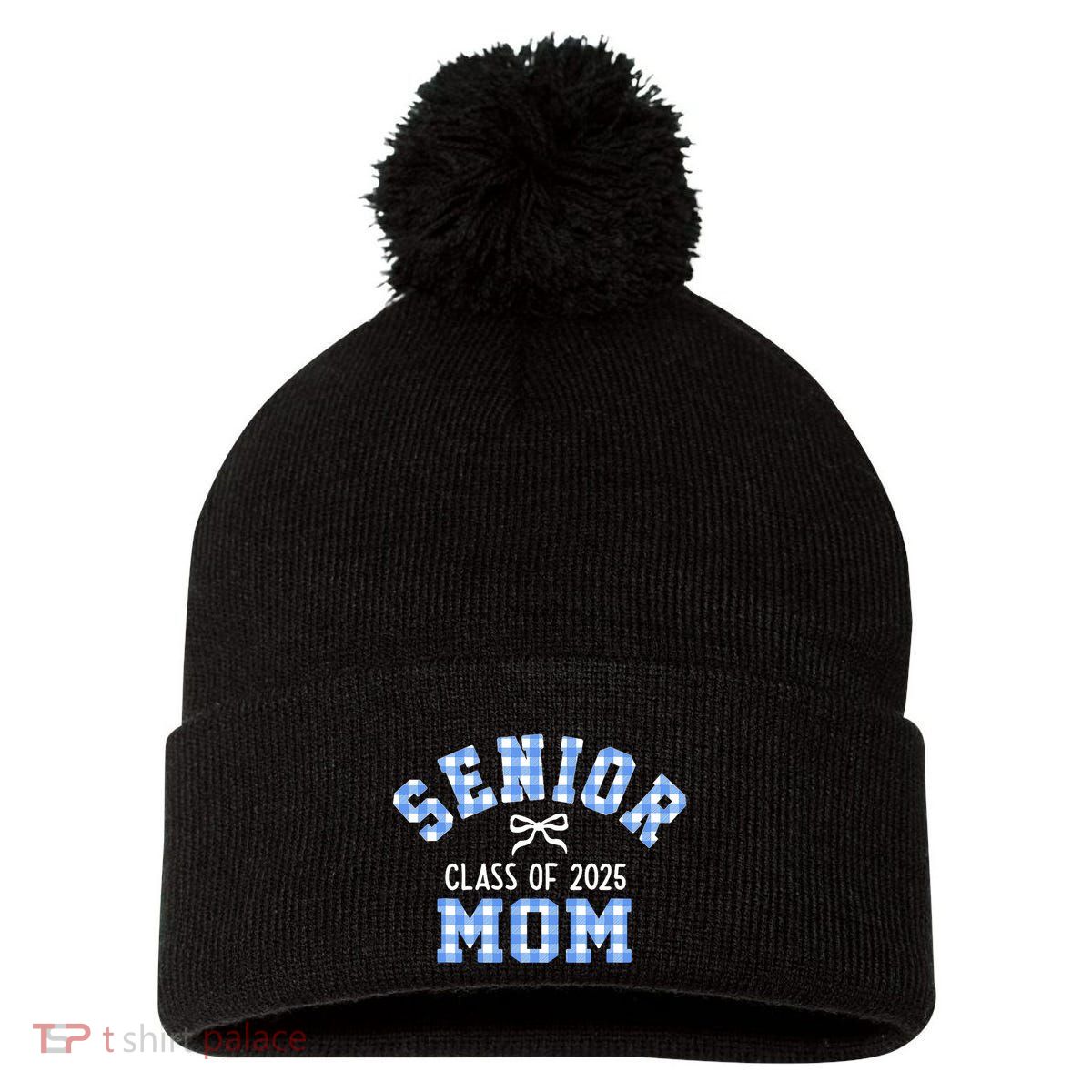 Senior 2025 Class Of 2025 Senior Mom Bow Back To School Pom Pom 12in Knit Beanie