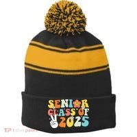 Senior 2025 Class Of 2025 Seniors Graduation Retro Groovy Stripe Pom Pom Beanie