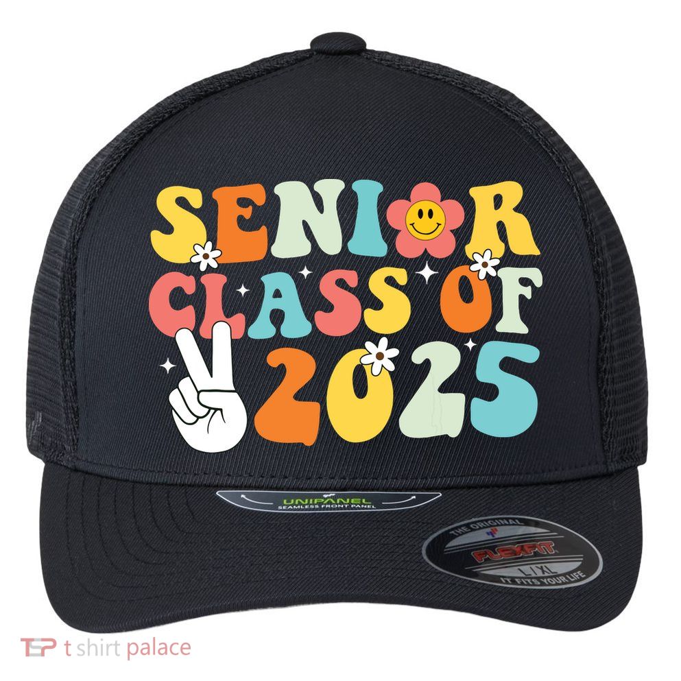 Senior 2025 Class Of 2025 Seniors Graduation Retro Groovy Flexfit Unipanel Trucker Cap