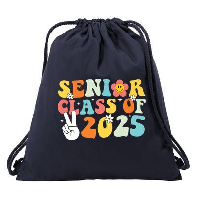 Senior 2025 Class Of 2025 Seniors Graduation Retro Groovy Drawstring Bag
