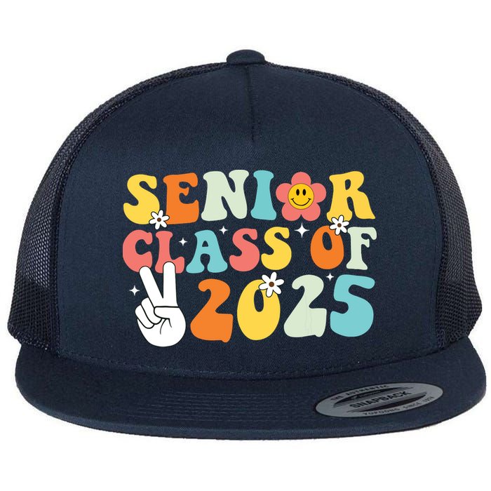 Senior 2025 Class Of 2025 Seniors Graduation Retro Groovy Flat Bill Trucker Hat