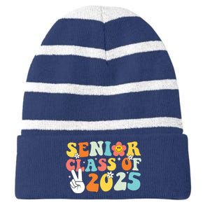 Senior 2025 Class Of 2025 Seniors Graduation Retro Groovy Striped Beanie with Solid Band