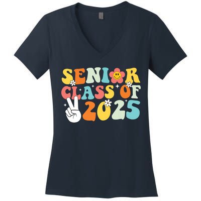 Senior 2025 Class Of 2025 Seniors Graduation Retro Groovy Women's V-Neck T-Shirt