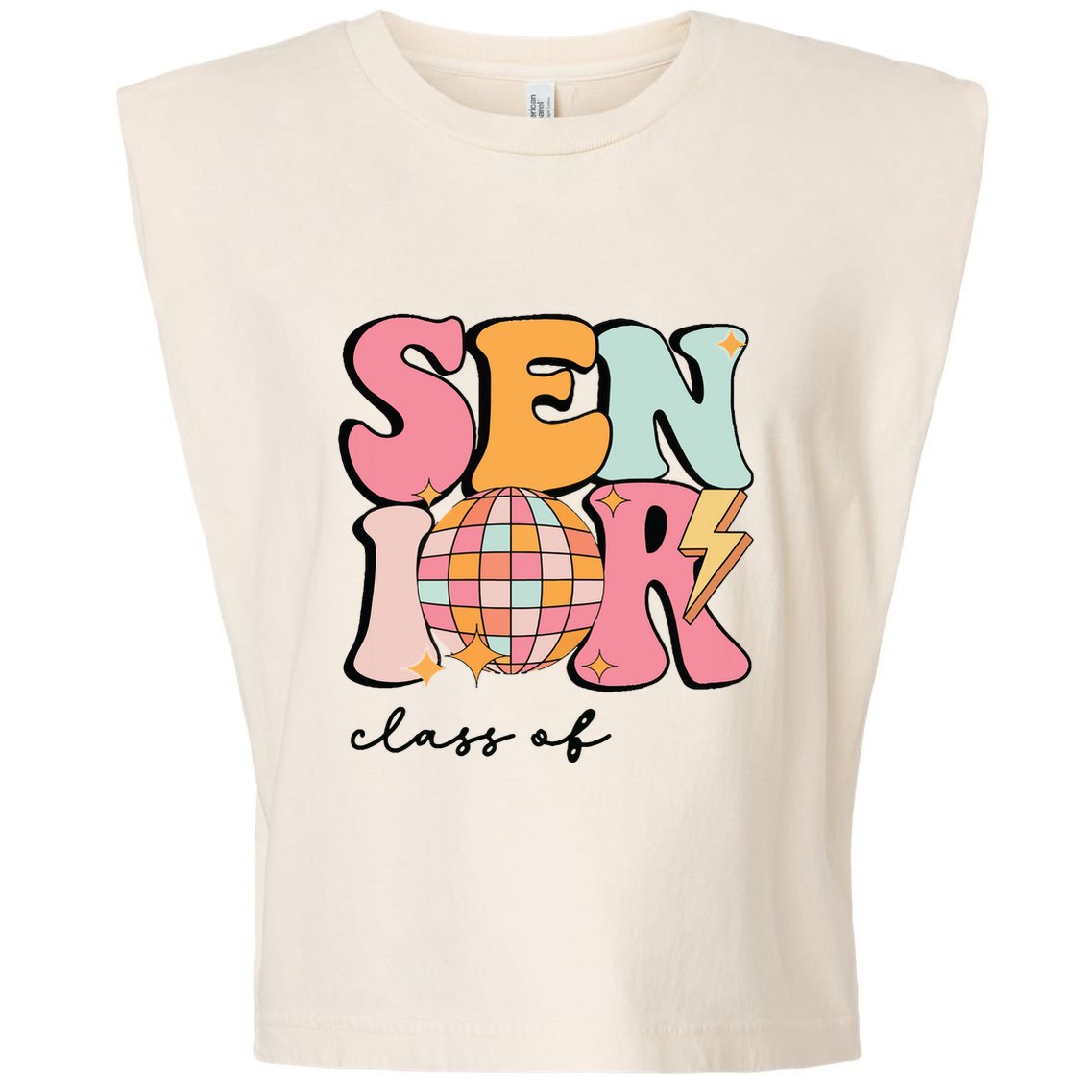 Senior 2025 Disco Ball Cute Retro Groovy Girl Garment-Dyed Women's Muscle Tee
