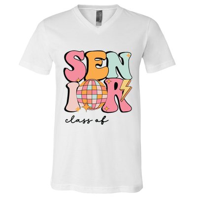 Senior 2025 Disco Ball Cute Retro Groovy Girl V-Neck T-Shirt
