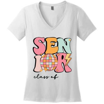 Senior 2025 Disco Ball Cute Retro Groovy Girl Women's V-Neck T-Shirt